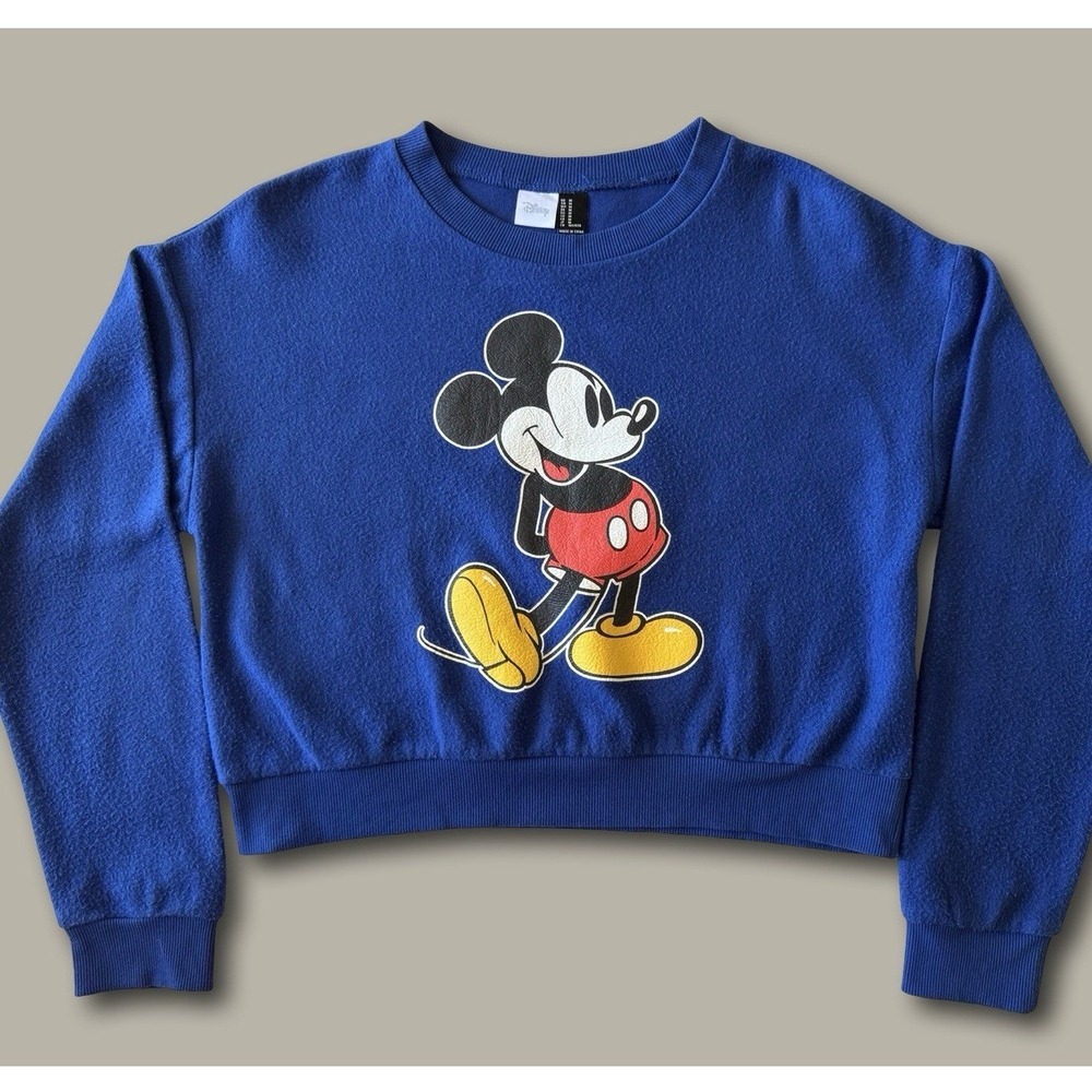 Disney Mickey Mouse Cropped Sweatshirt Size Medium Blue Retro Graphic Pullover